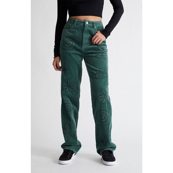 PacSun Denim - NWT PacSun Green Corduroy Embroidered Boyfriend Jean Doodle Baggy Womens Size 28